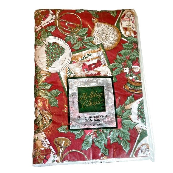 VTG Holiday Classics Vinyl Tablecloth Flannel Backed 52x70" Oval Christmas NOS - Picture 1 of 4
